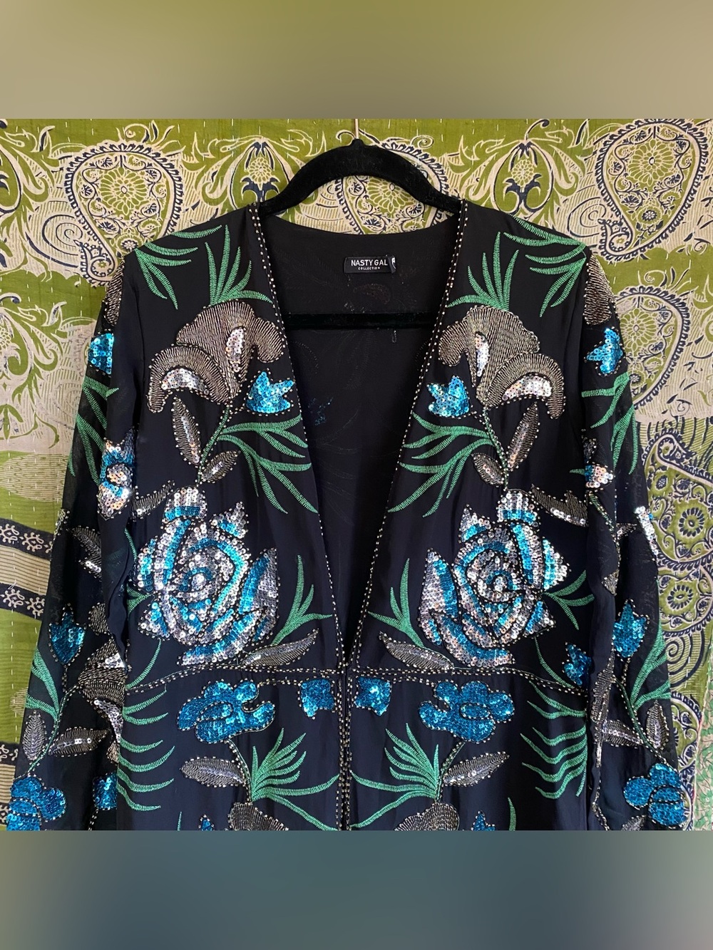 Rare Nasty Gal Black Embellished Sequin Floral Longline Kimoo Duster Small Edgy - Picture 5 of 15